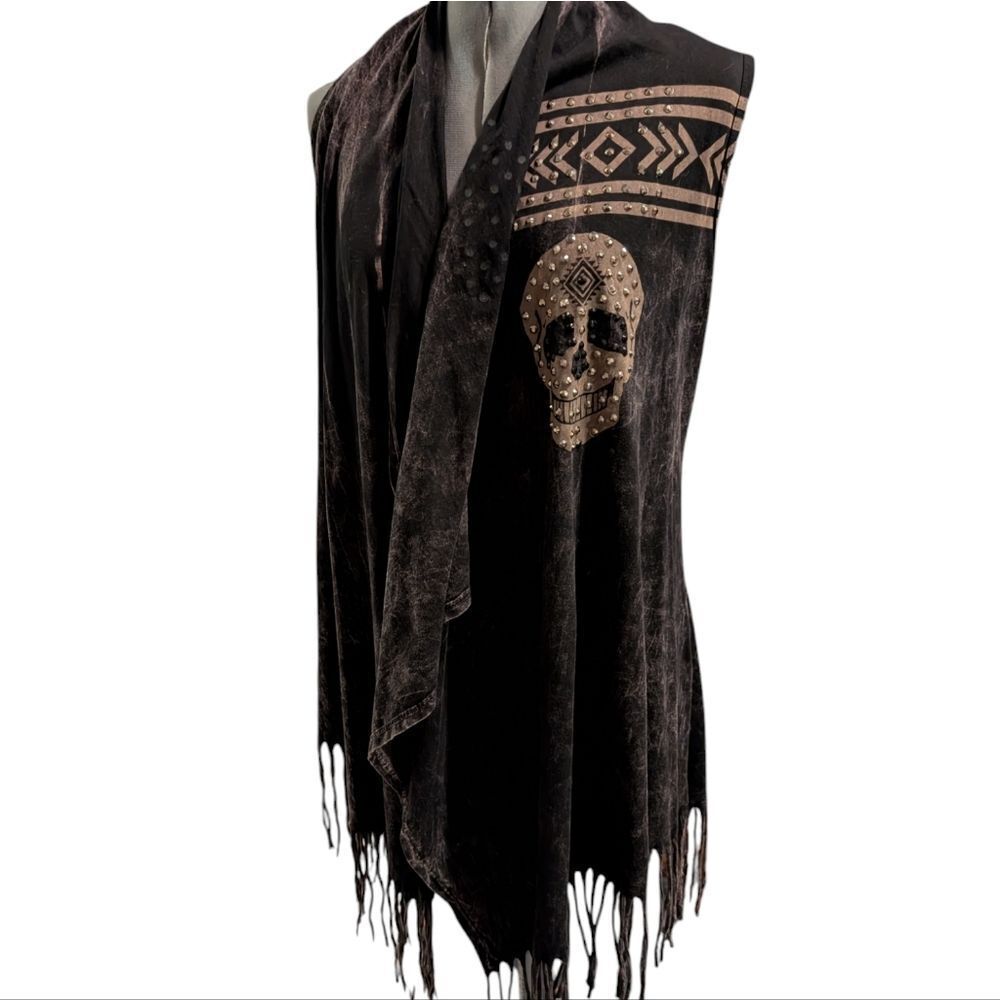 Vocal gray black studded skull vest fringe jacket‎ grunge size women's small